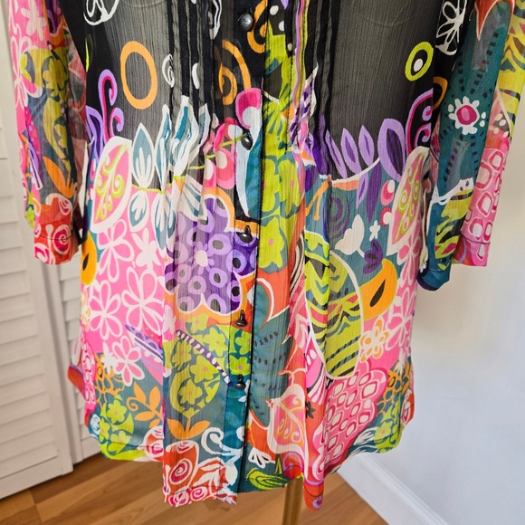 Soft Surroundings Black Sheer Floral Boho Tunic Blouse Sz L Colorful Artsy Chic - Picture 4 of 9